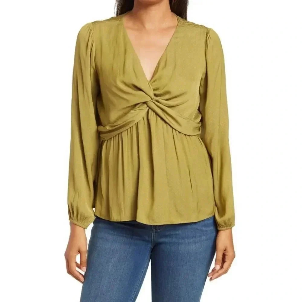 PLEIONE Twist Front Satin Blouse Size Small 